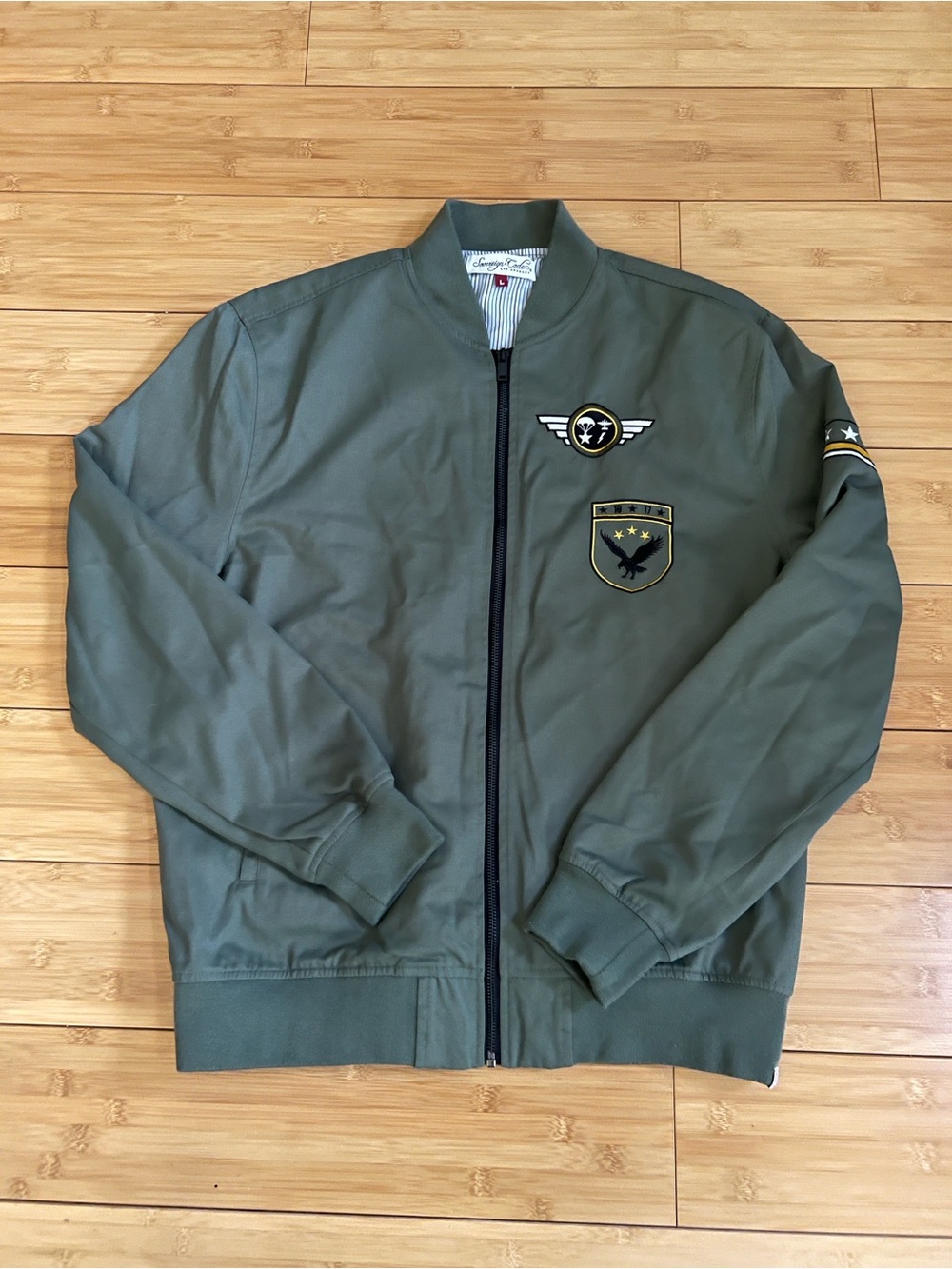 Sovereign Code Olive Green Bomber Jacket with Patch Accents